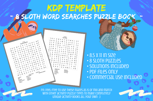 8 Sloth Word Search Puzzles Book: A Versatile Interior for KDP Creators